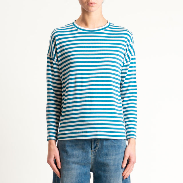 Zeroassoluto- T-shirt a righe scatola in jersey - ottanio/latte