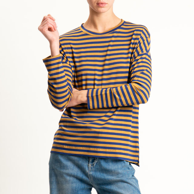 Zeroassoluto- T-shirt a righe scatola in jersey - blu/cuoio