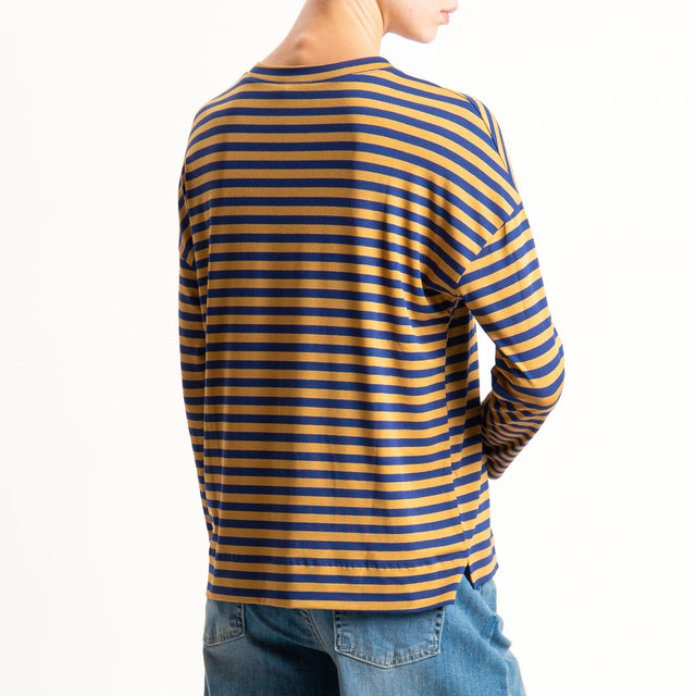 Zeroassoluto- T-shirt a righe scatola in jersey - blu/cuoio