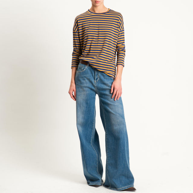 Zeroassoluto- T-shirt a righe scatola in jersey - blu/cuoio