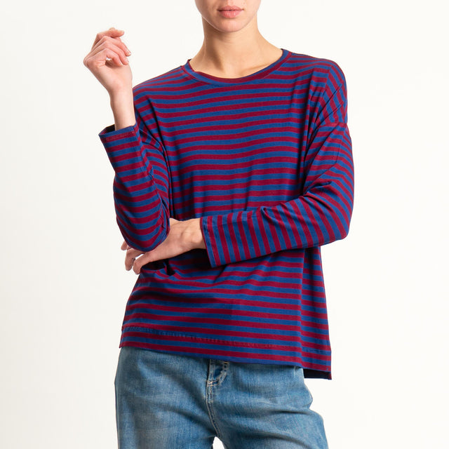 Zeroassoluto- T-shirt a righe scatola in jersey - blu/vino