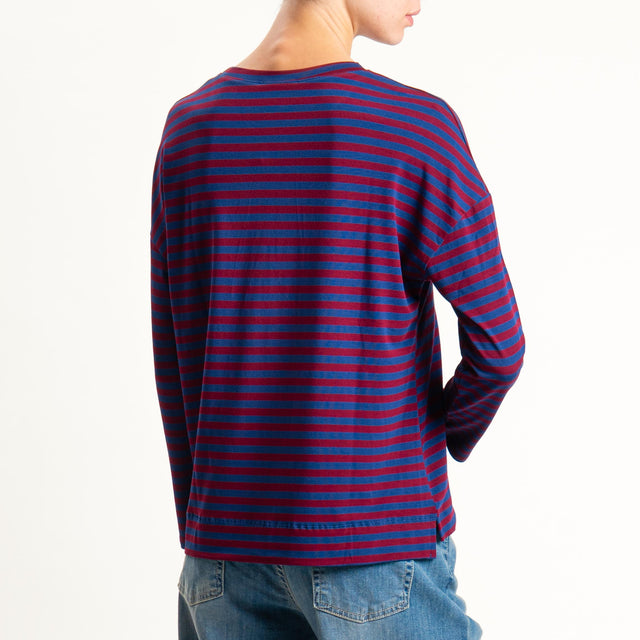 Zeroassoluto- T-shirt a righe scatola in jersey - blu/vino