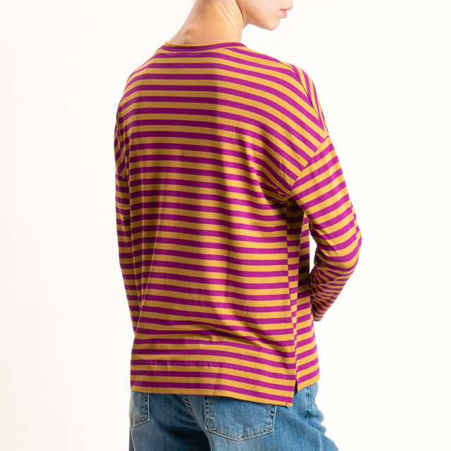 Zeroassoluto- T-shirt a righe scatola in jersey - ciclamino/cuoio
