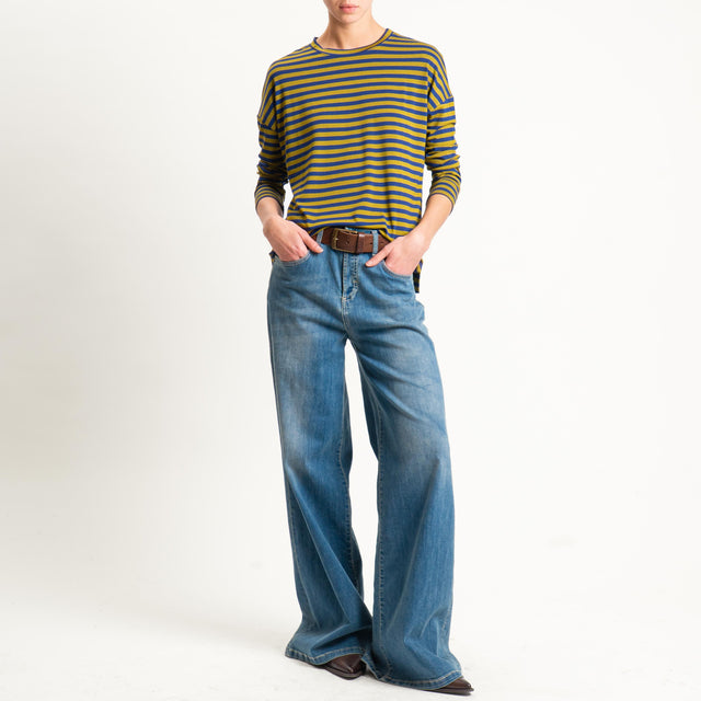 Zeroassoluto- T-shirt a righe scatola in jersey - blu/foglia