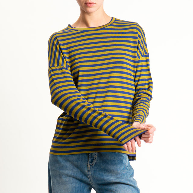 Zeroassoluto- T-shirt a righe scatola in jersey - blu/foglia