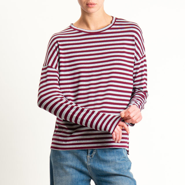 Zeroassoluto- T-shirt a righe scatola in jersey - vino/grigio melange