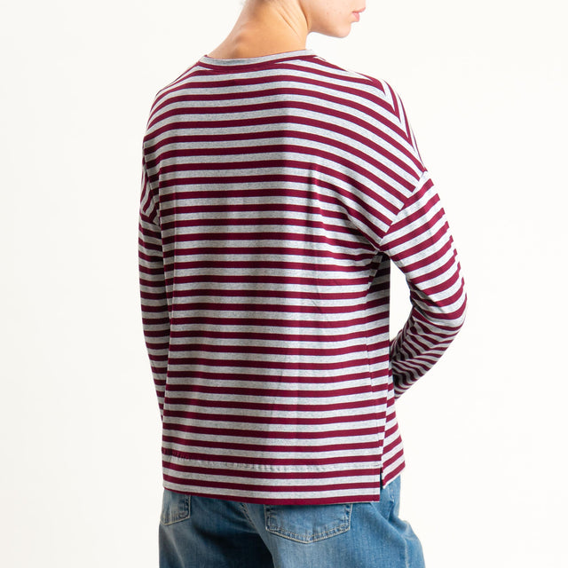 Zeroassoluto- T-shirt a righe scatola in jersey - vino/grigio melange
