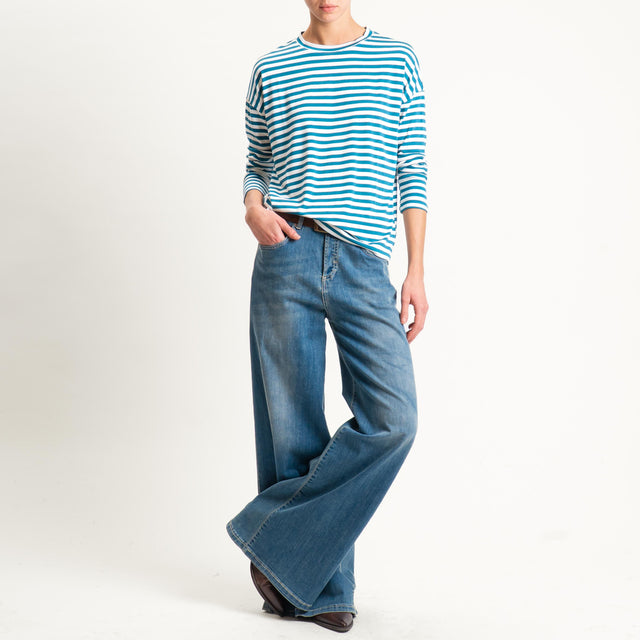 Zeroassoluto- T-shirt a righe scatola in jersey - ottanio/latte