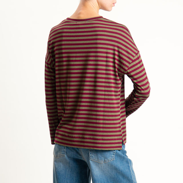 Zeroassoluto- T-shirt a righe scatola in jersey - militare/vino