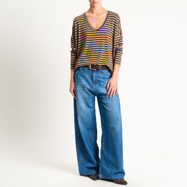 Zeroassoluto-T-shirt a righe scollo a v in jersey - blu/cuoio