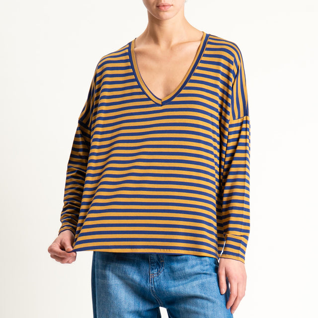 Zeroassoluto-T-shirt a righe scollo a v in jersey - blu/cuoio