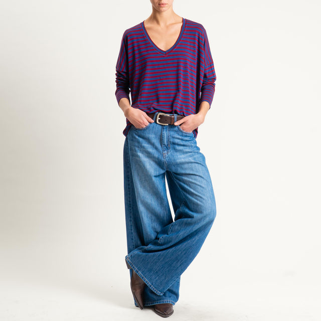 Zeroassoluto-T-shirt a righe scollo a v in jersey - blu/vino