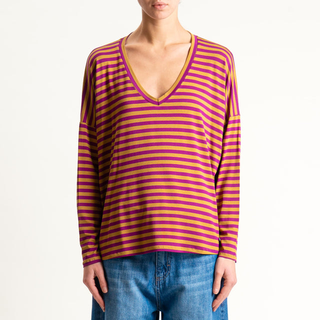 Zeroassoluto-T-shirt a righe scollo a v in jersey - ciclamino/cuoio