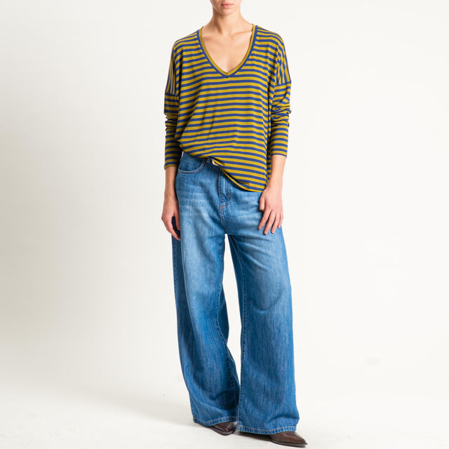 Zeroassoluto-T-shirt a righe scollo a v in jersey - blu/foglia