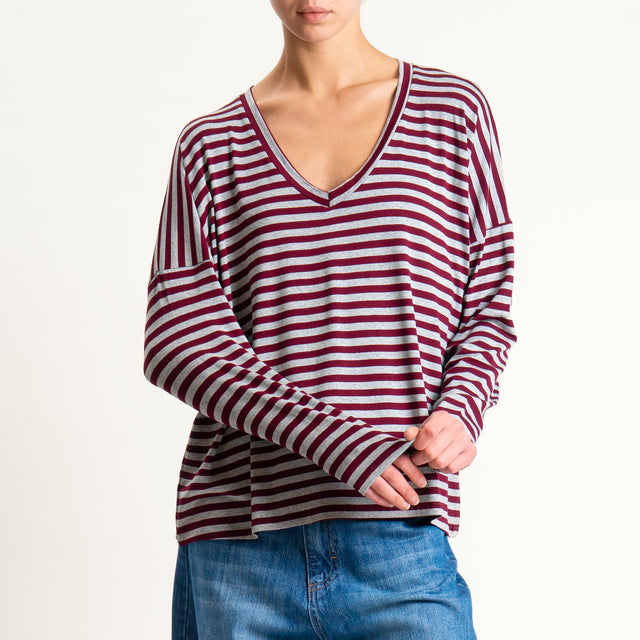Zeroassoluto-T-shirt a righe scollo a v in jersey - vino/grigio melange