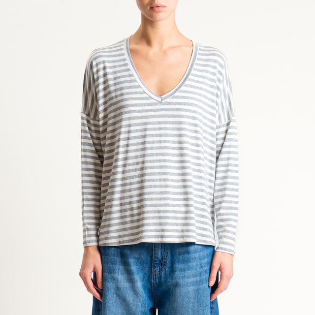 Zeroassoluto-T-shirt a righe scollo a v in jersey - latte/grigio melange
