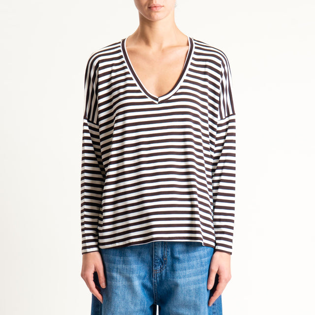 Zeroassoluto-T-shirt a righe scollo a v in jersey - latte/moro