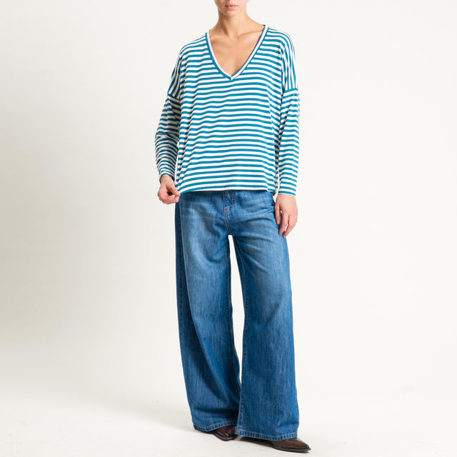 Zeroassoluto-T-shirt a righe scollo a v in jersey - ottanio/latte
