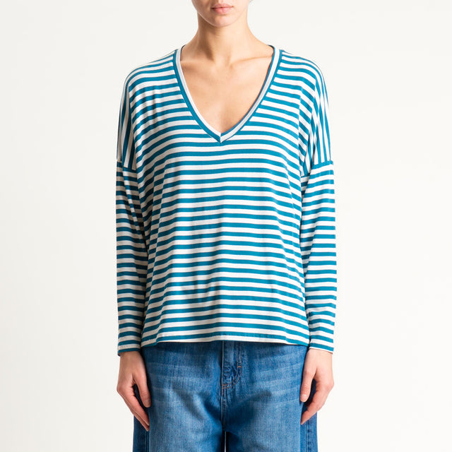 Zeroassoluto-T-shirt a righe scollo a v in jersey - ottanio/latte