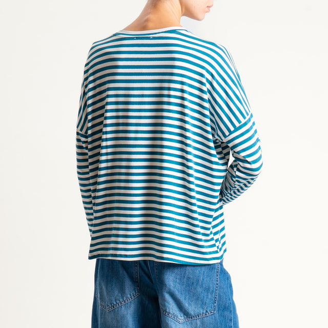 Zeroassoluto-T-shirt a righe scollo a v in jersey - ottanio/latte