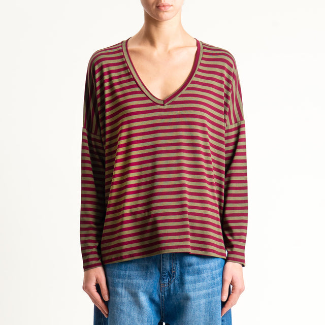 Zeroassoluto-T-shirt a righe scollo a v in jersey - militare/vino