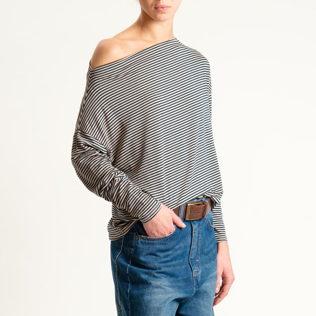 Zeroassoluto-T-shirt CLOE righe in jersey - beige/verde bottiglia