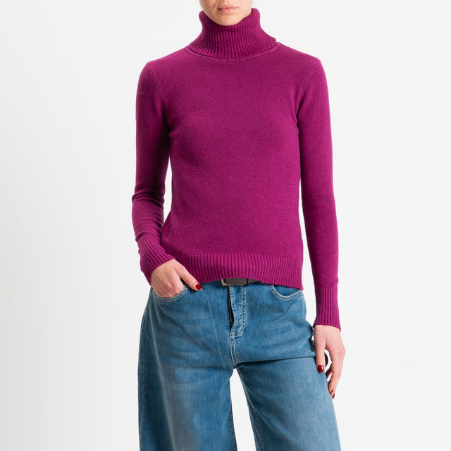 Zeroassoluto-Maglia collo alto doppio filo bordi a coste - ciclamino