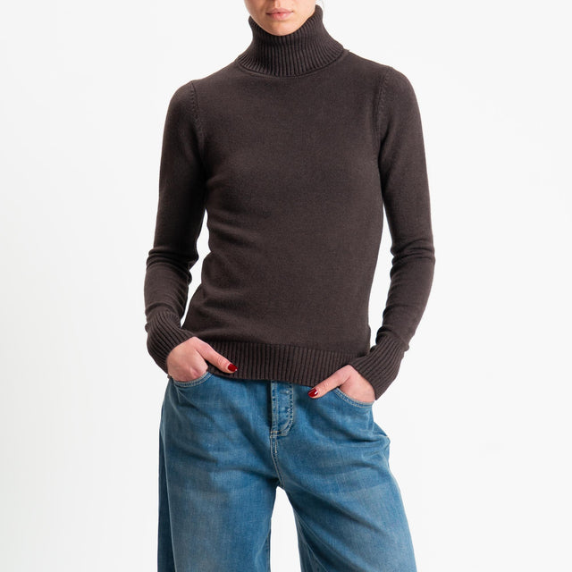 Zeroassoluto-Maglia collo alto doppio filo bordi a coste - cioccolato