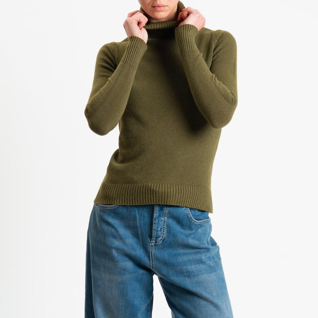 Zeroassoluto-Maglia collo alto doppio filo bordi a coste - olio