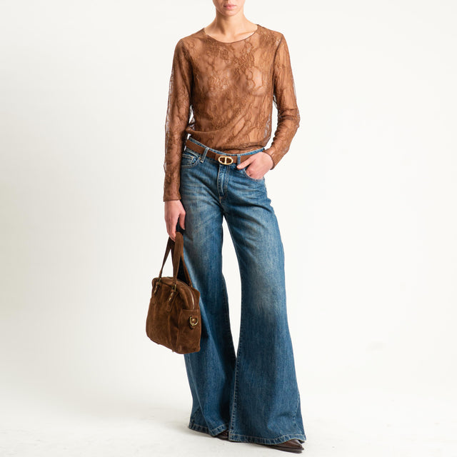 Zeroassoluto-Blusa in pizzo elasticizzato - cuoio