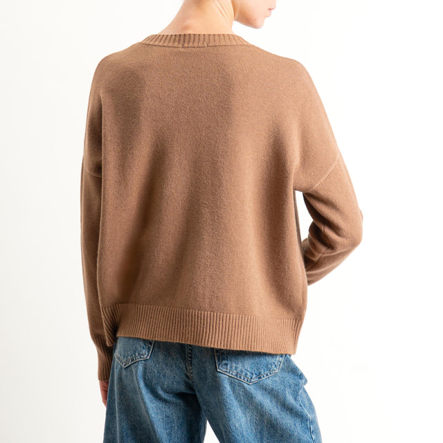 Zeroassoluto-Maglia scatola girocollo riga centrale - camel