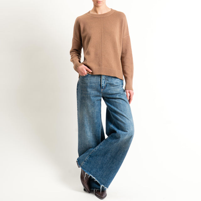 Zeroassoluto-Maglia scatola girocollo riga centrale - camel