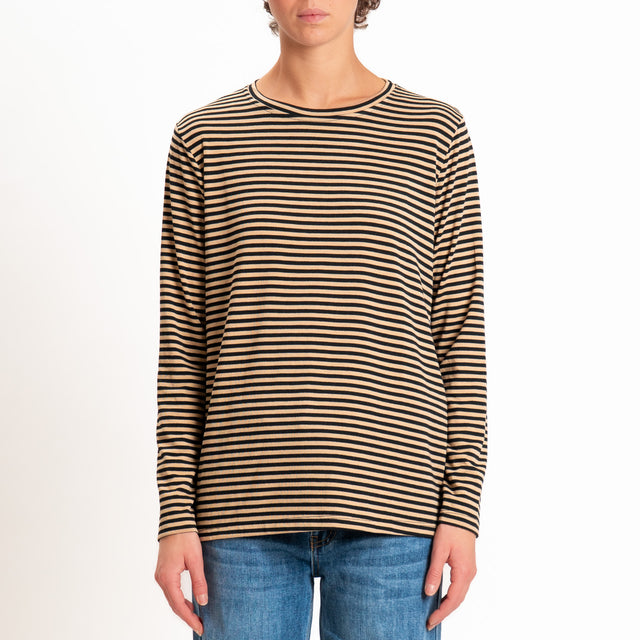 Zeroassoluto-T-shirt girocollo righe in jersey - beige/nero