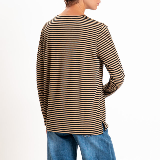 Zeroassoluto-T-shirt girocollo righe in jersey - beige/nero