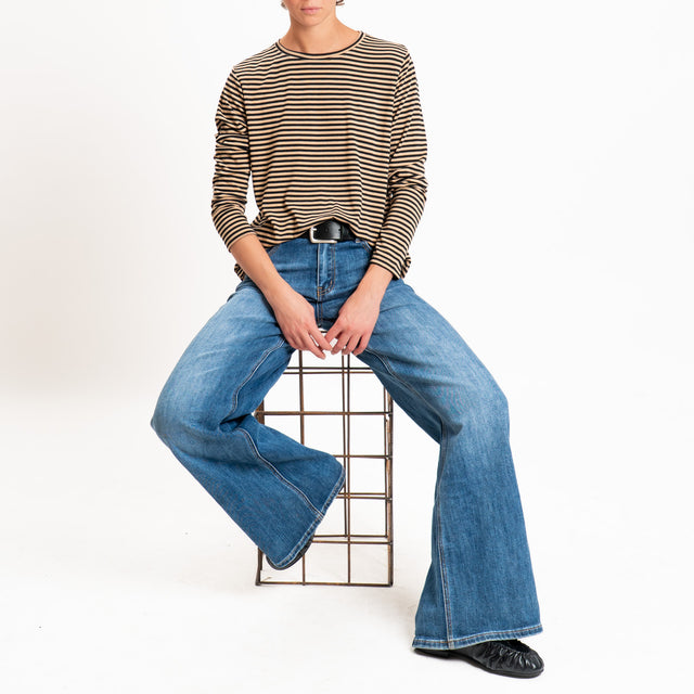 Zeroassoluto-T-shirt girocollo righe in jersey - beige/nero
