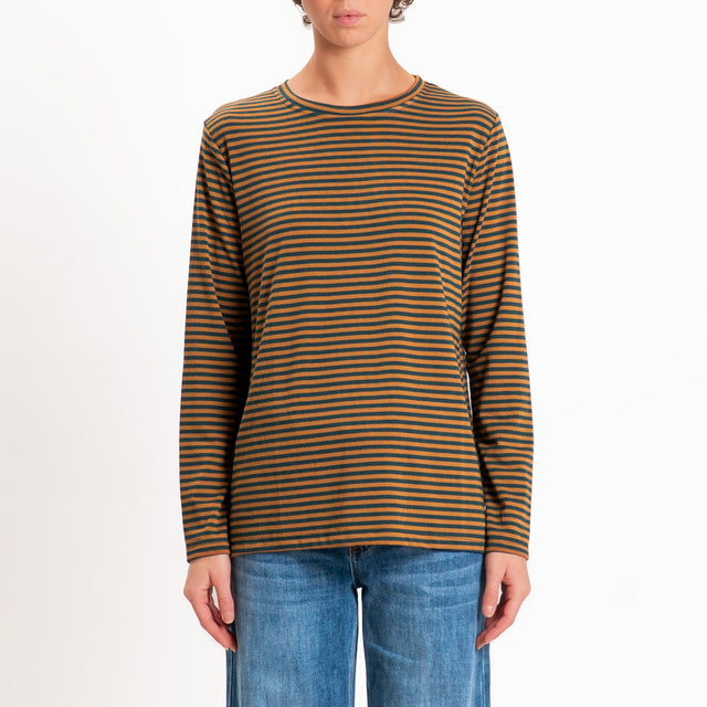 Zeroassoluto-T-shirt girocollo righe in jersey - verde/cuoio