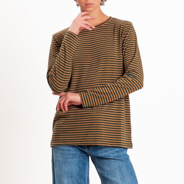 Zeroassoluto-T-shirt girocollo righe in jersey - verde/cuoio