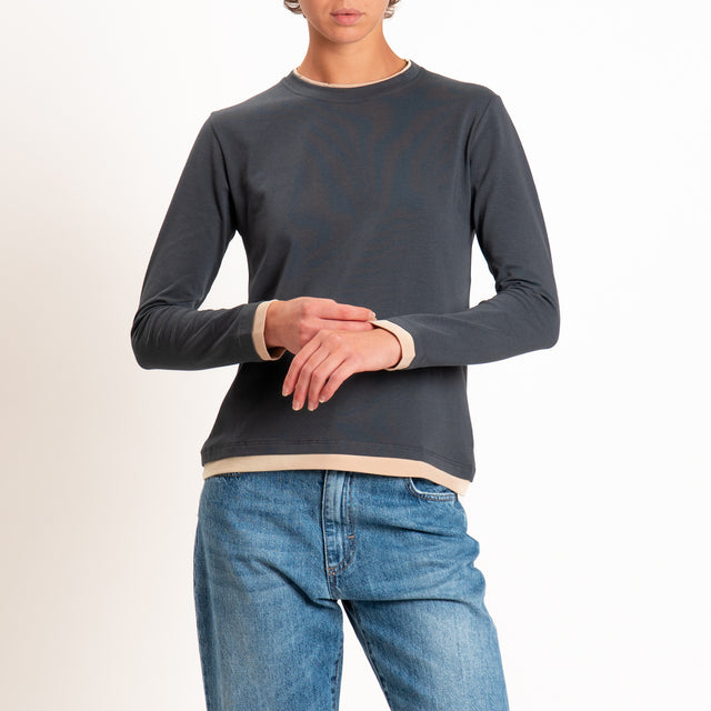 Zeroassoluto-T-shirt girocollo effetto bicolore - sabbia/piombo