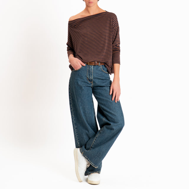Zeroassoluto-T-shirt CLOE righe in jersey elastici - tabacco/blu