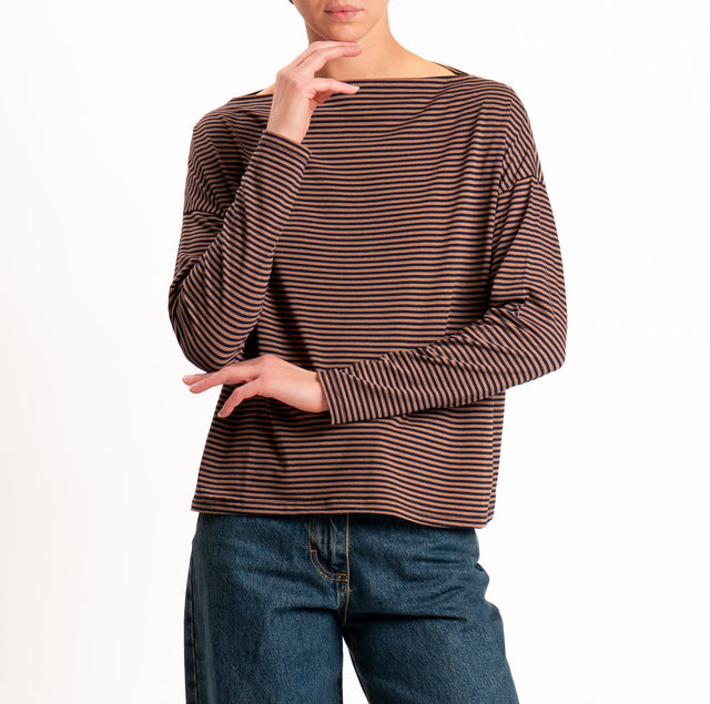 Zeroassoluto CLOE striped stretch jersey T-shirt - tobacco/blue