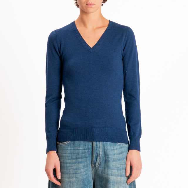 Zeroassoluto-Maglia scollo v bordi a coste - blu
