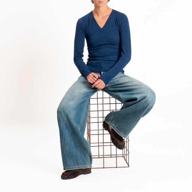 Zeroassoluto-Maglia scollo v bordi a coste - blu