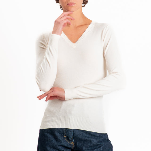 Zeroassoluto-Maglia scollo v bordi a coste - crema