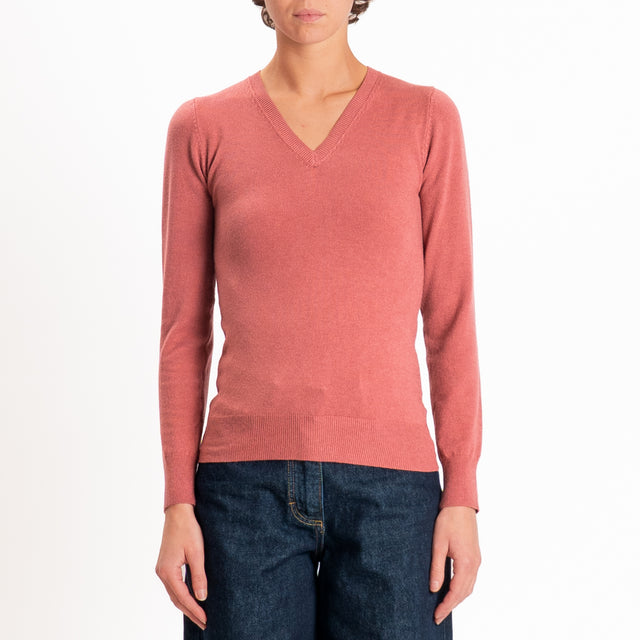 Zeroassoluto-Maglia scollo v bordi a coste - lipstick