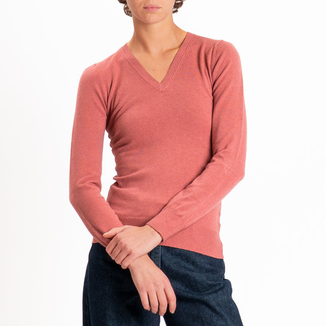 Zeroassoluto-Maglia scollo v bordi a coste - lipstick