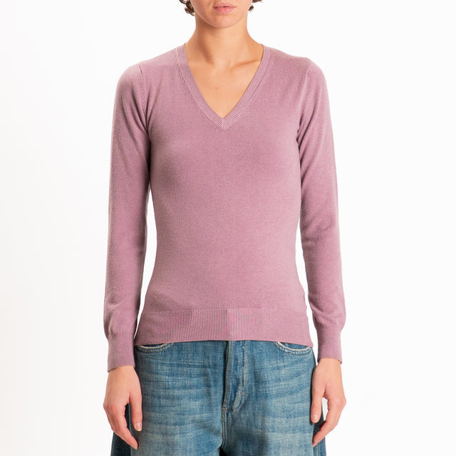 Zeroassoluto-Maglia scollo v bordi a coste - mauve