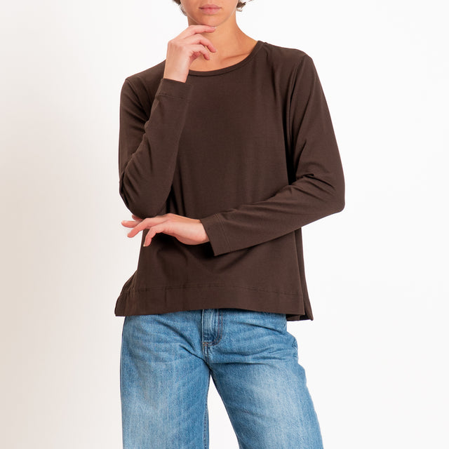 Zeroassoluto-T-shirt cotone elasticizzato spacchi laterali - moro