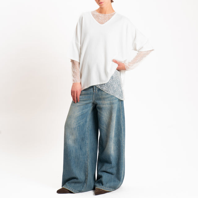 Zeroassoluto-T-shirt asimmetrica in pizzo - burro