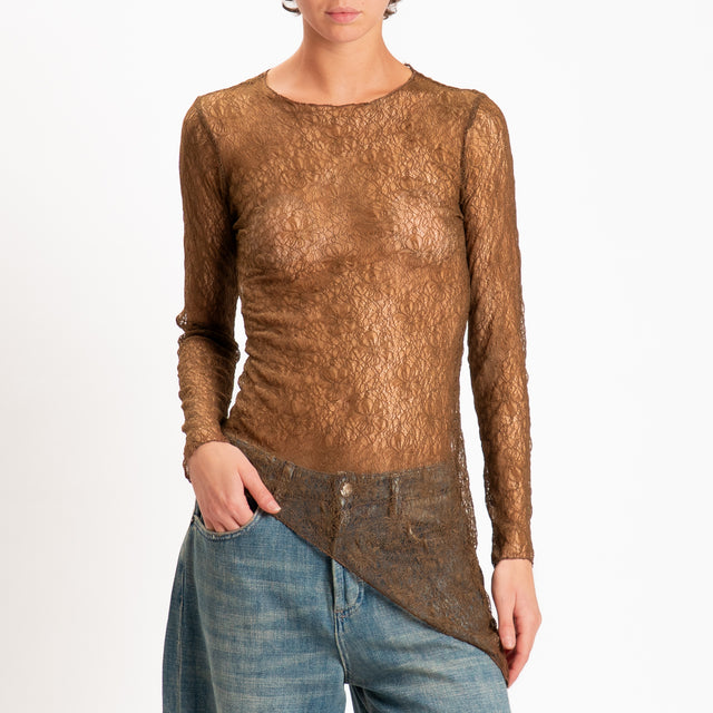 Zeroassoluto-T-shirt asimmetrica in pizzo - noce