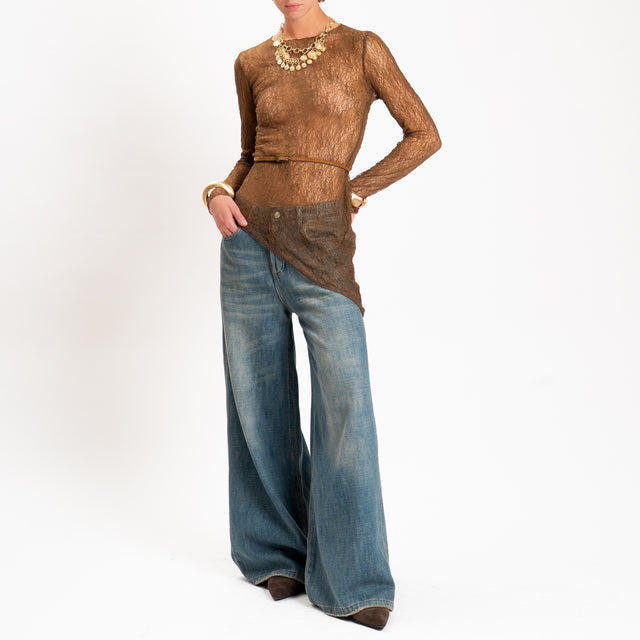 Zeroassoluto-T-shirt asimmetrica in pizzo - noce